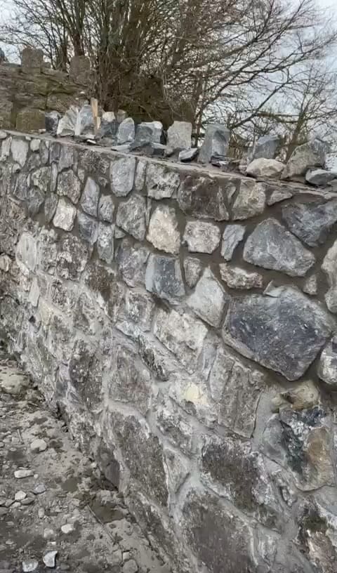 Coping stones set level along the top of a stone wall